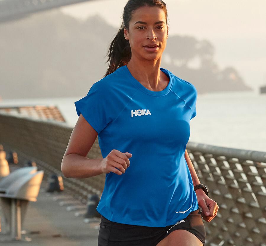 Hoka One One Top Damske Modre - Performance Short Sleeve - 35694-TLYJ